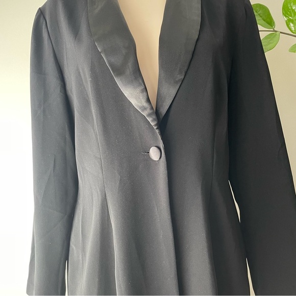 Vintage Longline Satin Mixed Media Blazer Suit Jacket Long Black Corporate Goth - Picture 6 of 8